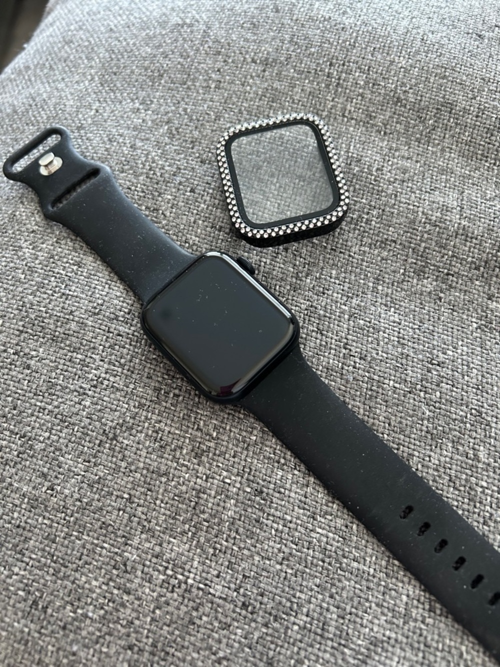 Black Silicone Band (ONLY) + Rhinestone Bezel Face Cover for iPhone 14.